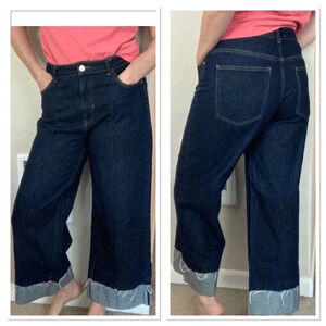 Zara Wide Leg Cropped Jeans Size 10 Dark Blue Wash Denim